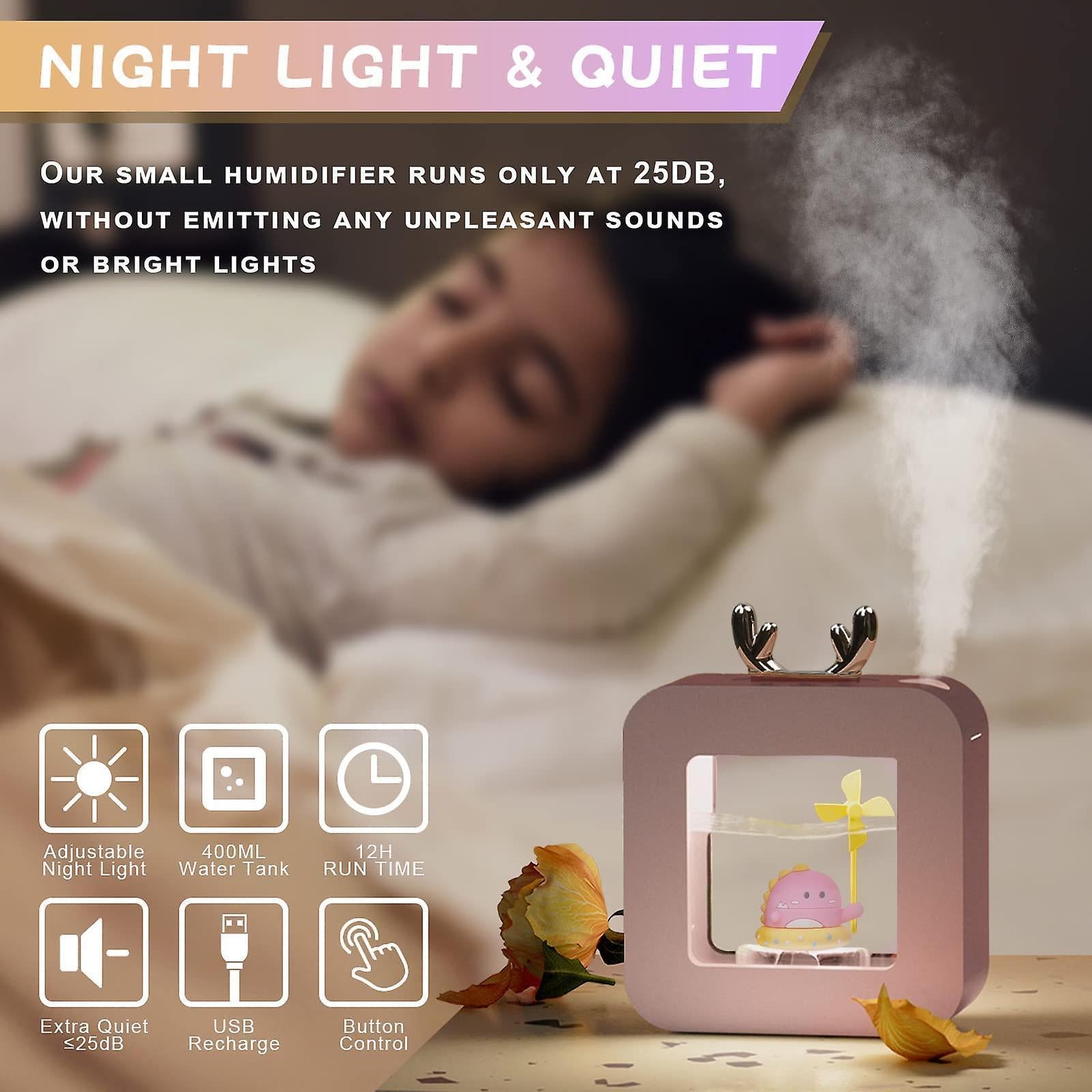 400ml Cool Mist Humidifier for Bedroom, Night Light Essential Oil Diffuser