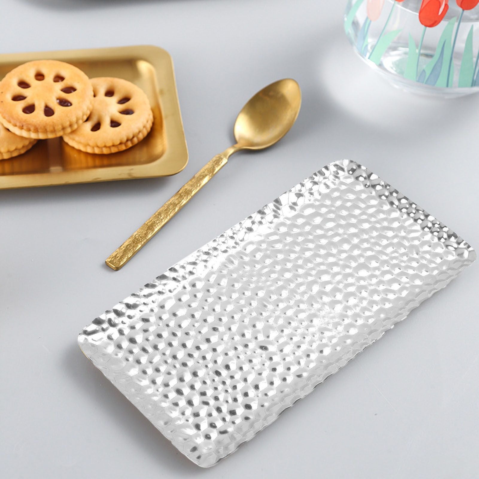 Hammered Tray Exquisite Odorless Stainless Steel Serving Tray for Living Room Bedroom Kitchen Bathroom 19.5x9.5cm Silver