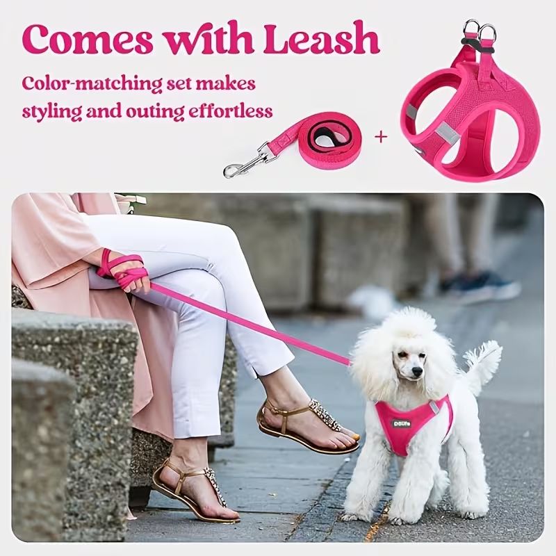 Black Breathable Dog Harness and Leash Set - Adjustable Reflective Pet Vest with Swivel Clip(Size: M)