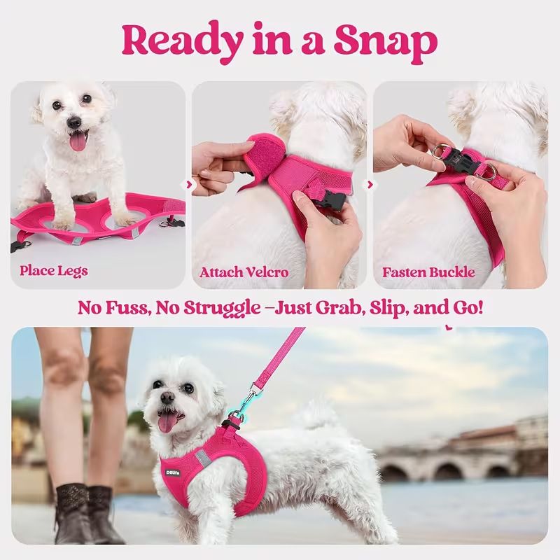 Rose red Breathable Dog Harness and Leash Set - Adjustable Reflective Pet Vest with Swivel Clip(Size: L)